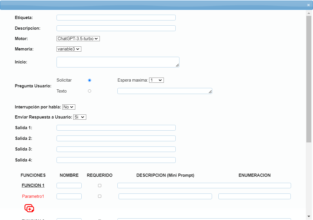 Formulario de configuración de la caja IA