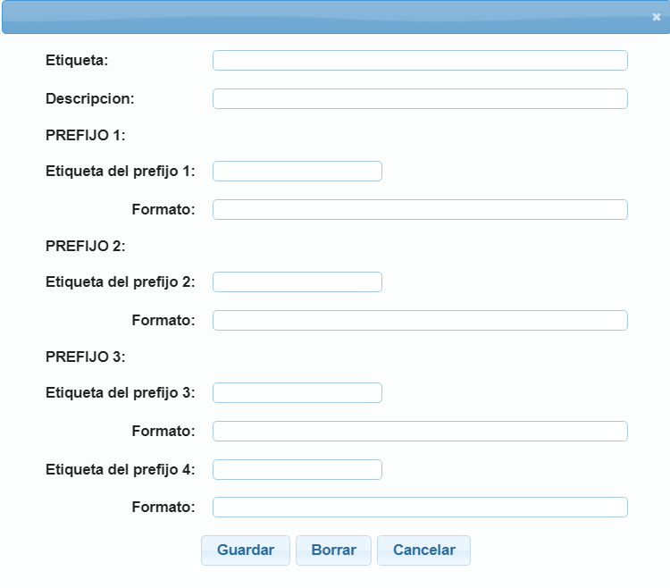 Formulario de configuración de la caja Prefijo