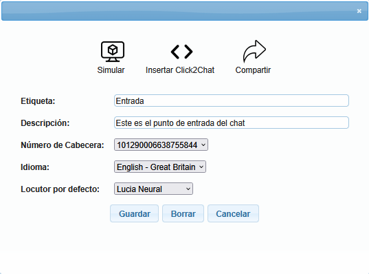 Formulario de configuración de la caja Receptivo