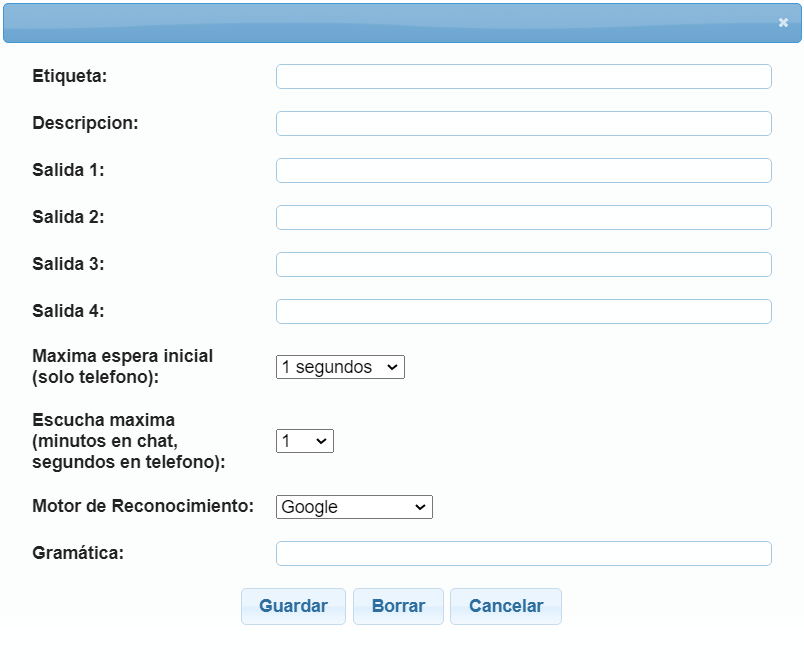 Formulario de configuración de la caja Solicitar
