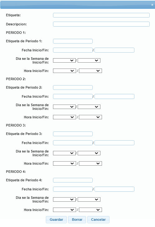 Formulario de configuración de la caja Horario