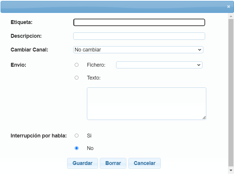 Formulario de configuración de la caja Locución