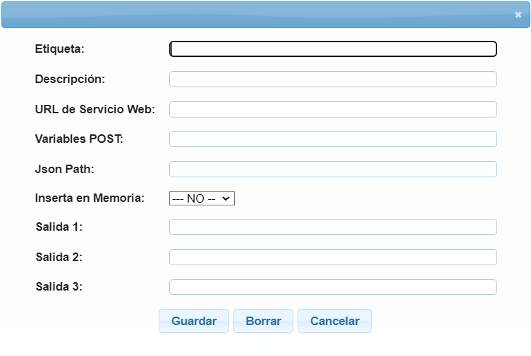 Formulario de configuración de la caja Webservice